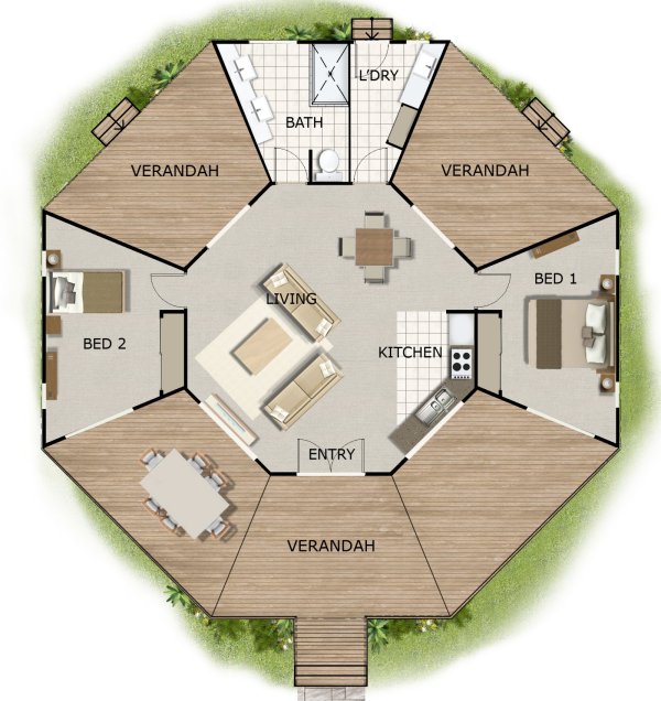 2 Bed Round House Plan:170KR